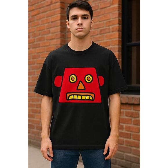 New VTG 90s Kongol Robot Face Tee Men’s L Black Red Graphic Streetwear Oversized